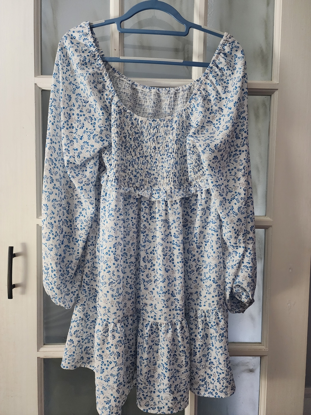 Smocked Square-Neck Blue Floral Women’s Dress